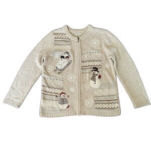 Croft & Barrow Women's M Zip Snowman Cardigan Sweater Xmas Holiday Neutral